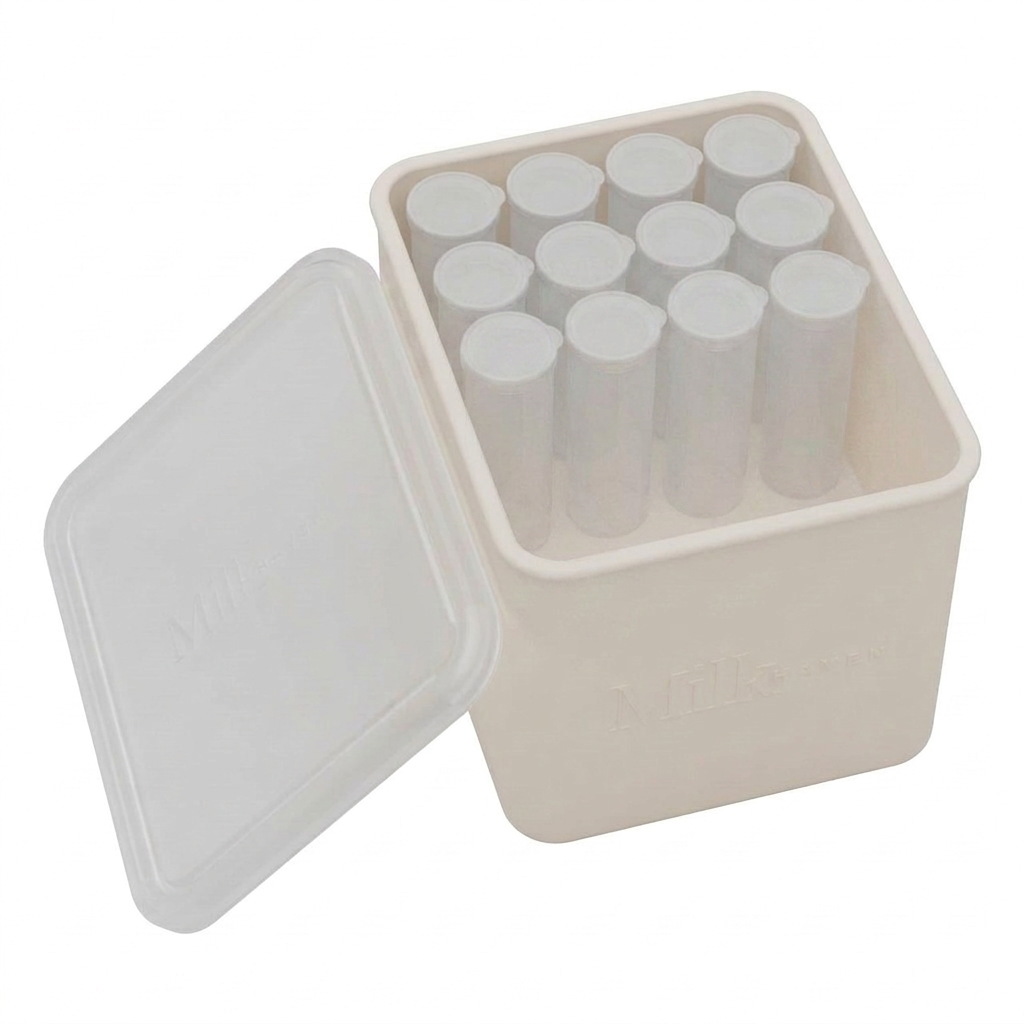 A silicone breast milk tube storage box with a translucent lid, shown open with multiple white cylindrical, silicone tubes inside. The box is a warm off-white/cream color, and the vials are white, photographed on a clean white background.
