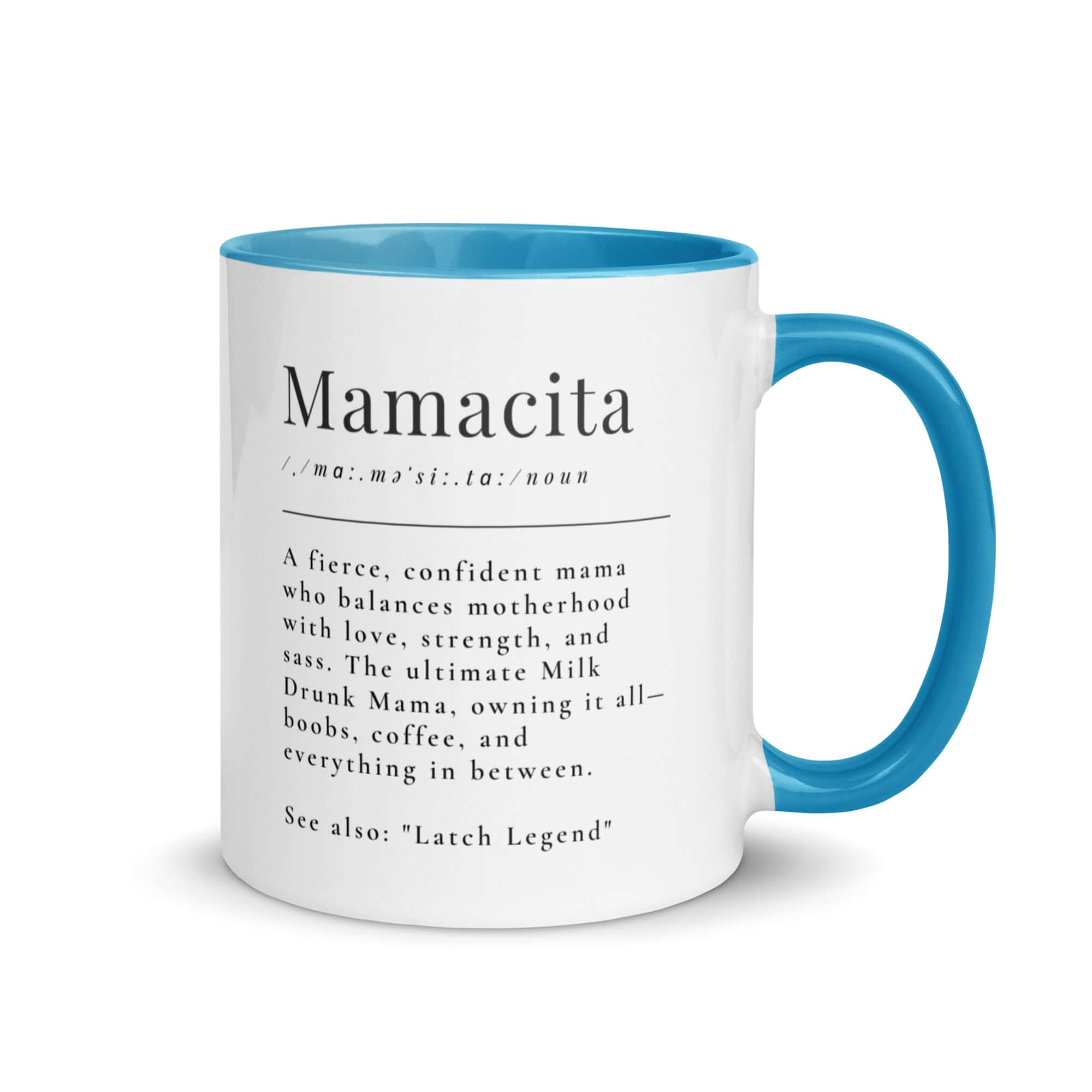 Mug with blue interior and handle featuring the definition of 'Mamacita' on a white background
