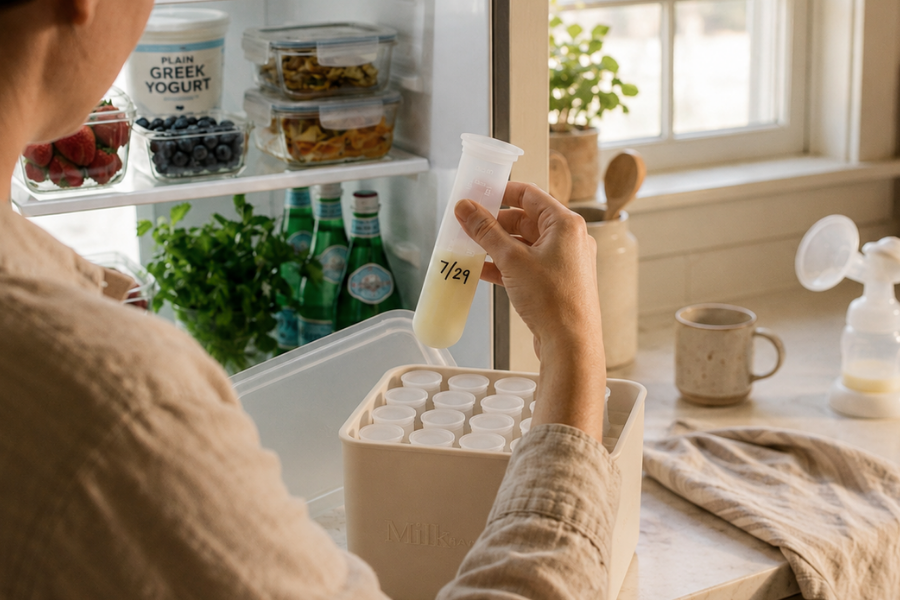 mother holding MilkHaven storage tube in front of fridge