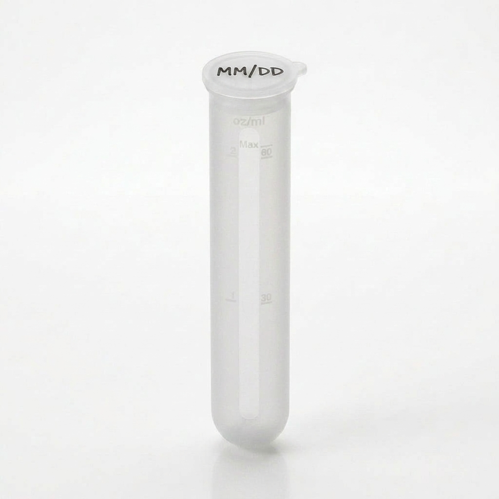 A translucent white silicone test tube with a push-on cap, featuring measurement markings and the handwritten text 'MM/DD' on the cap, set against a plain white background.