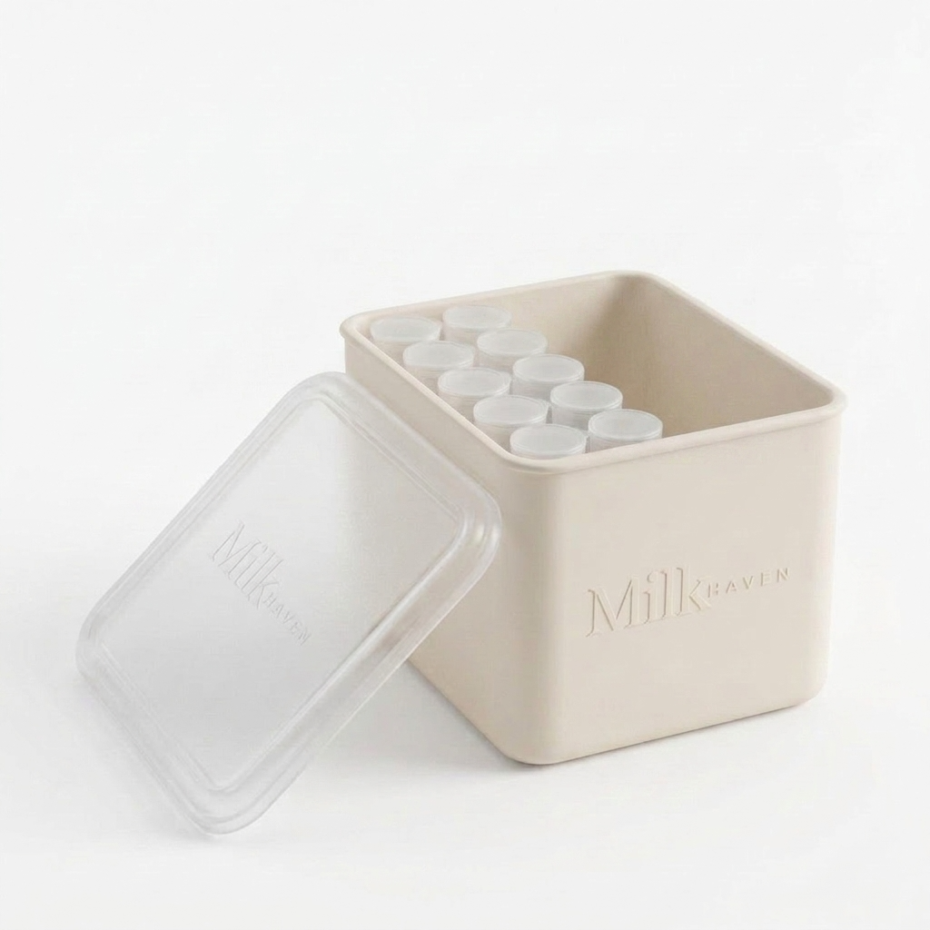 A cream square Milk Heaven storage container with a clear lid, shown open with several small white silicone vials inside, on a clean white background.