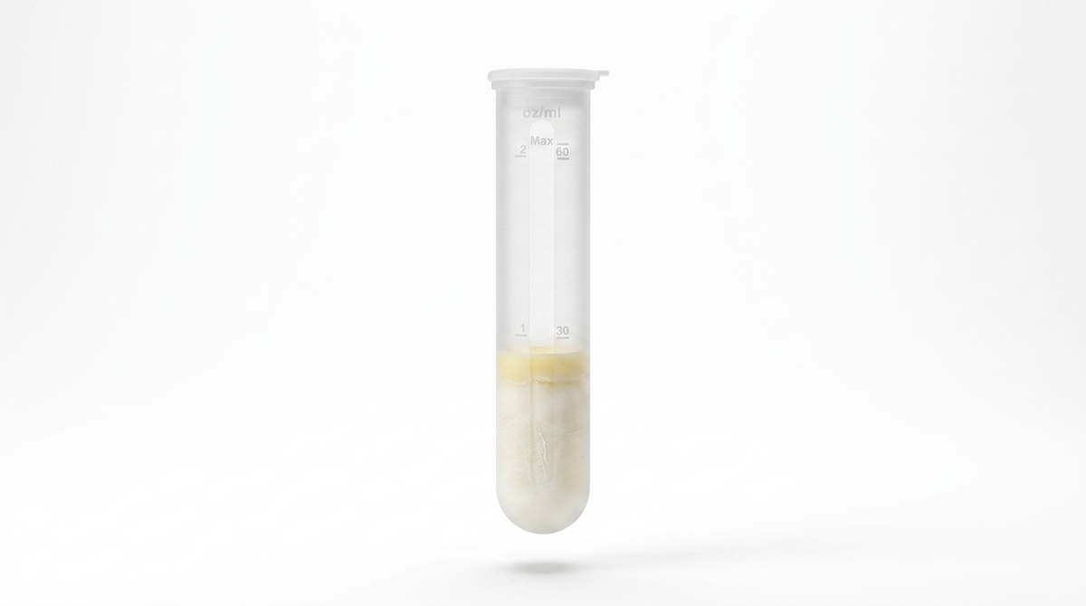 A clear silicone test tube with a white cap, containing a white and yellow liquid mixture, shown against a solid white background.