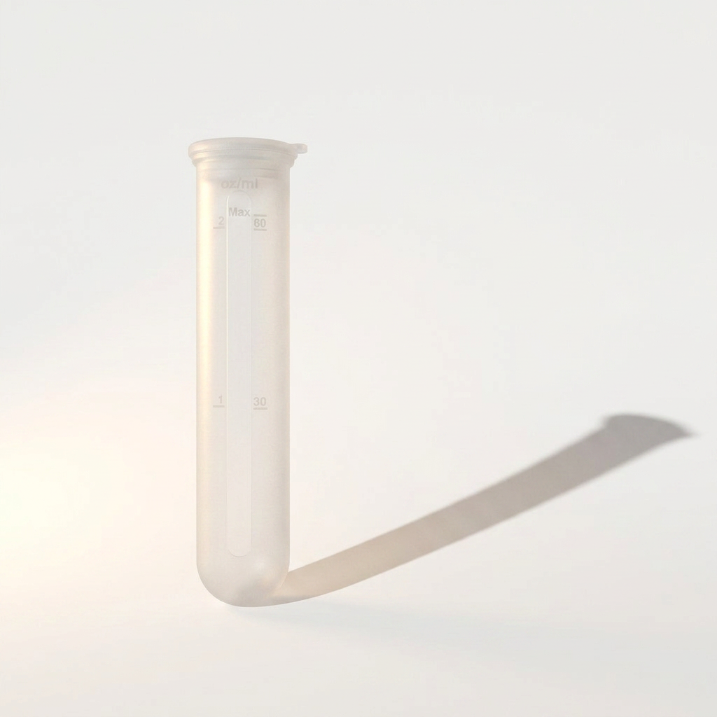 A translucent white silicone test tube with measurement markings, standing upright on a clean white background with a long soft shadow extending to the right.